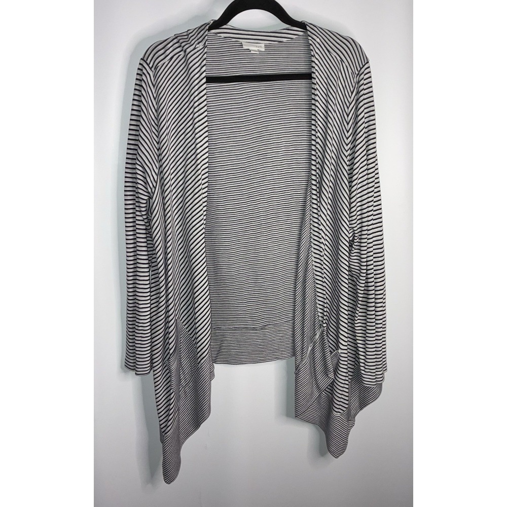 J.Jill Open Front White Black Striped High Low Cardigan 2X Sweater Pockets Light